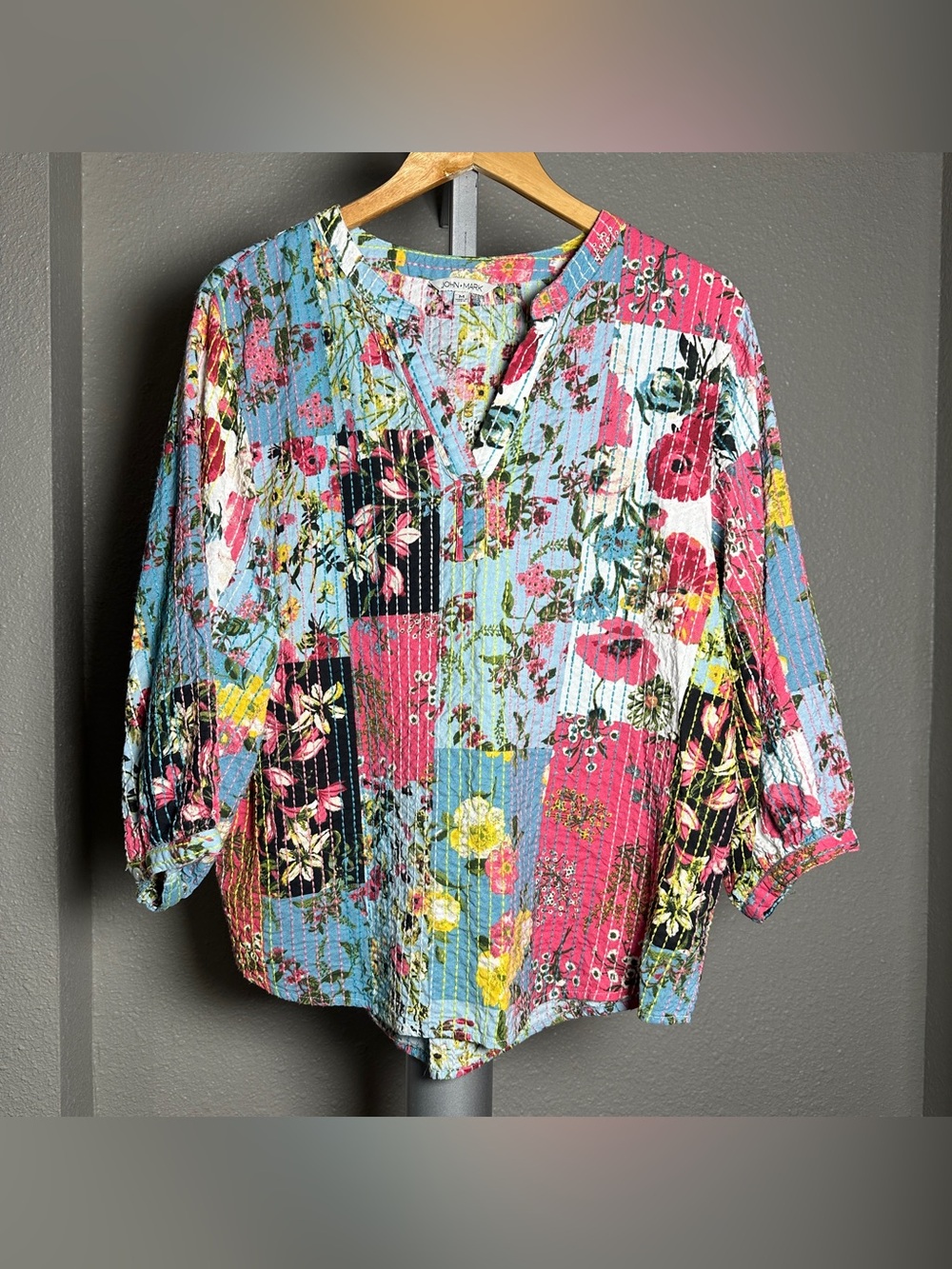 John Mark patchwork boho Floral Blouse in Blue & Pink Size Medium